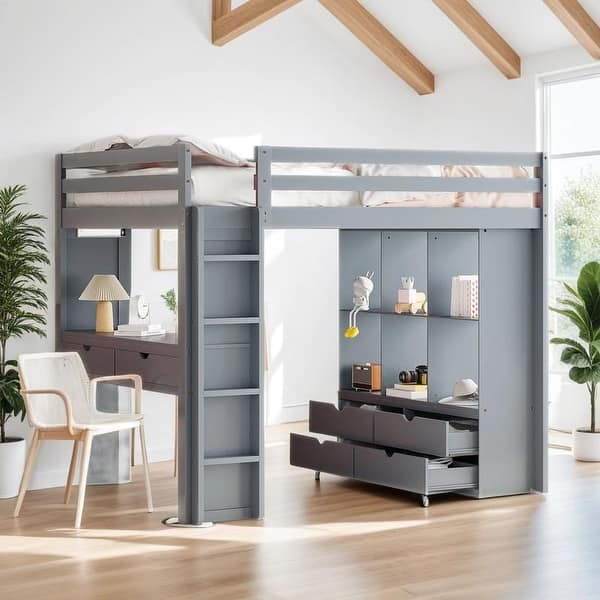 slide 2 of 20, Full Size Loft Bed with large shelves, writing desk & LED Light, Grey Grey