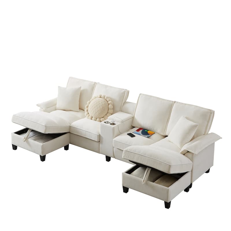 Corduroy U-shaped Sectional Sofa with Double Storage Chaise Lounge, Console Table with Charging Station, Box and Cup Holders
