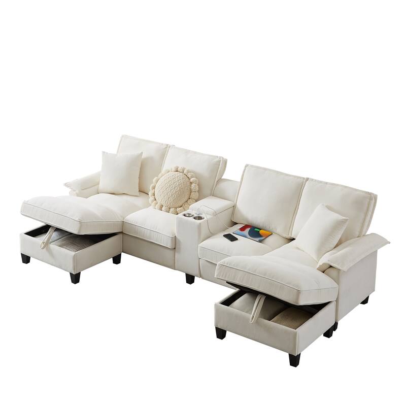 Sectional Sofa Bed Sleeper Sofa with Storage, U-Shaped 4-Seater Chaise Lounge Sofa with Cup Holders & USB Charge