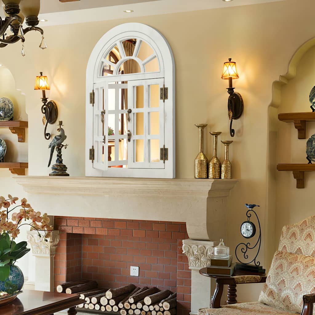 Arched Wood Framed Windowpane Accent Mirror Wall Mirror