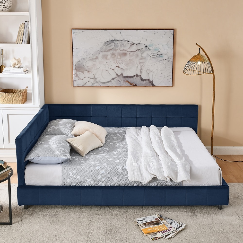 Queen Size Upholstered Tufted Daybed, Velvet Fabric Queen Bed Frame with L Shaped Backrest and Armrests, Wood Slats Support