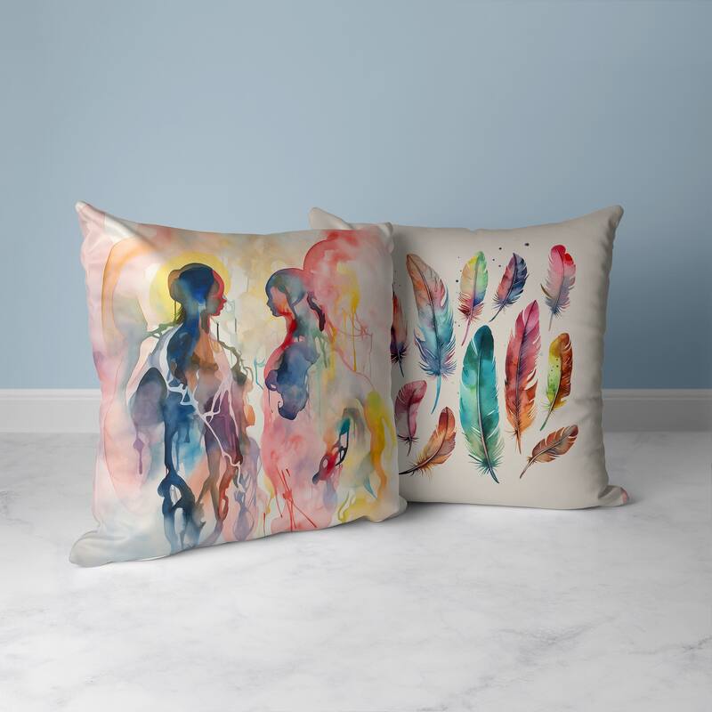 Pink And Multi Two Human Feathers Faux Suede Throw Pillow Zipper