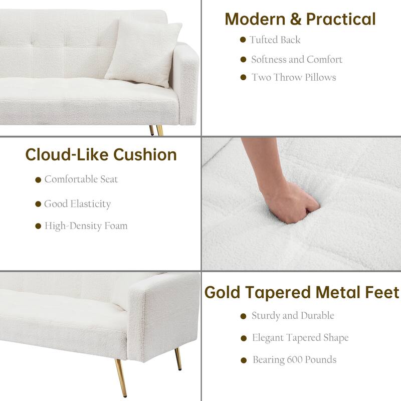 71" Modern Teddy Velvet Sofa Bed Folding Couch with Two Throw Pillows for Living Room