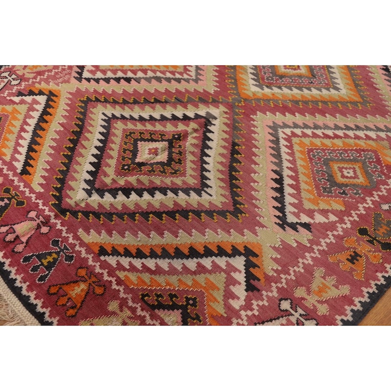 100% Pink Geometric Kilim Persian Vintage Area Rug Wool Carpet - 5'5"x 9'2"