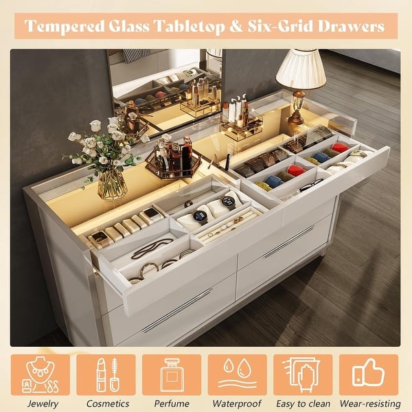 modern dresser with jewelry drawer Cyehnenx Black 5 Drawer Dresser Tall Chest of Drawers for Bedroom & Closet  Island with Glass Top & Jewelry Storage & Glass Dresser