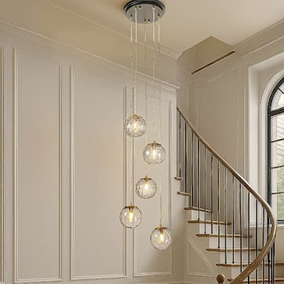 5-Light Modern Clear Ripple Glass Staircase Chandelier Globe Bubble Textured Glass Pendant In Matte Black For Foyer Entryway