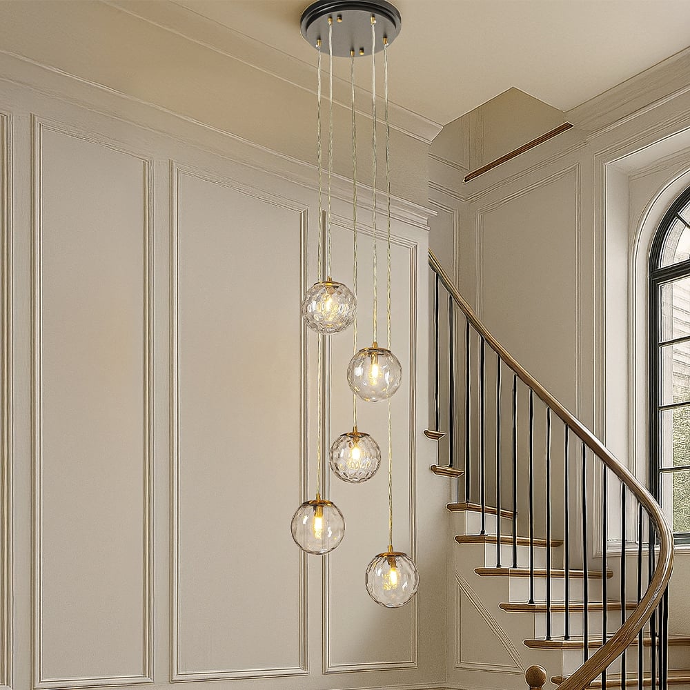 5-Light Modern Clear Ripple Glass Staircase Chandelier Globe Bubble Textured Glass Pendant In Matte Black For Foyer Entryway