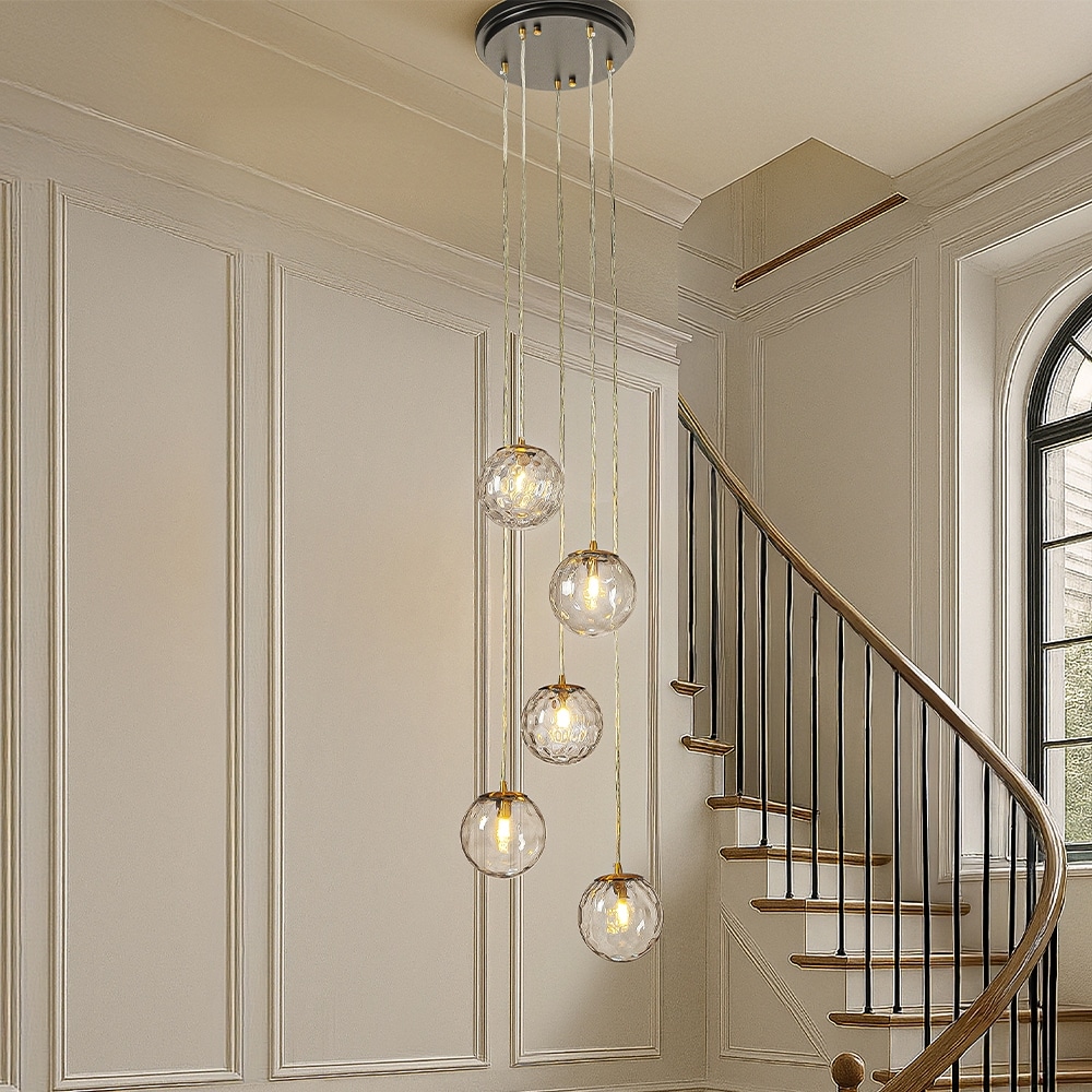 AloaDecor 5-Light Modern Clear Ripple Glass Staircase Chandelier Globe Bubble Textured Glass Pendant In Matte Black For Foyer