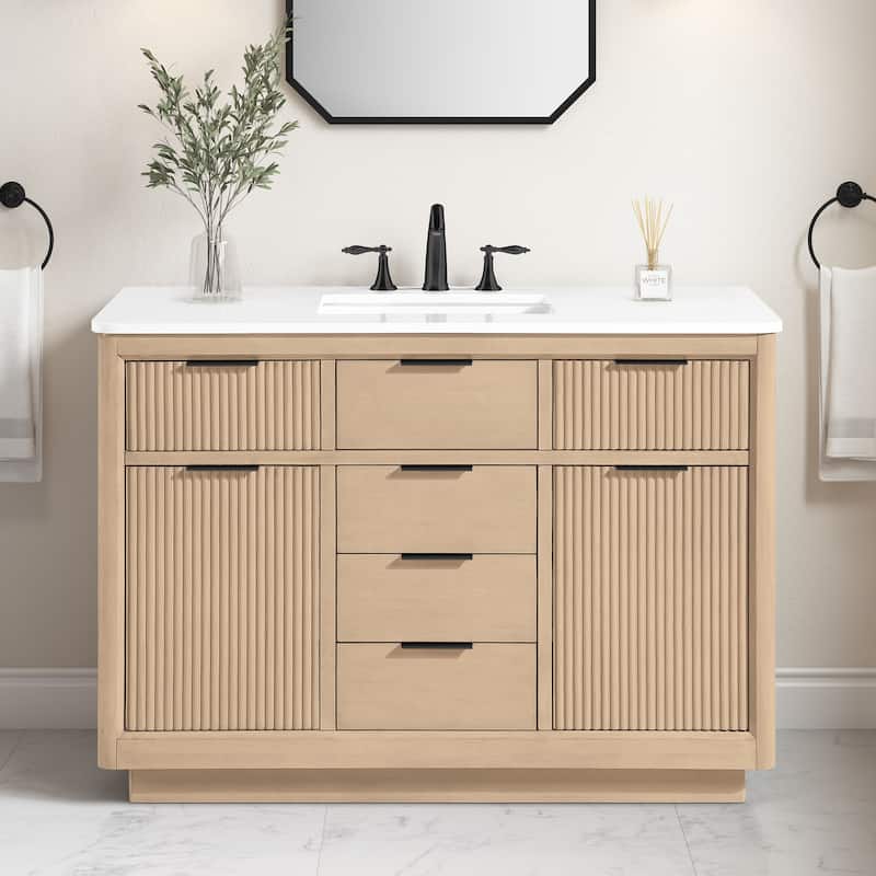 OVE Xander Bathroom Vanity with White Engineered Stone Top - 48" - Sahara Birch with Matte Black Hardware