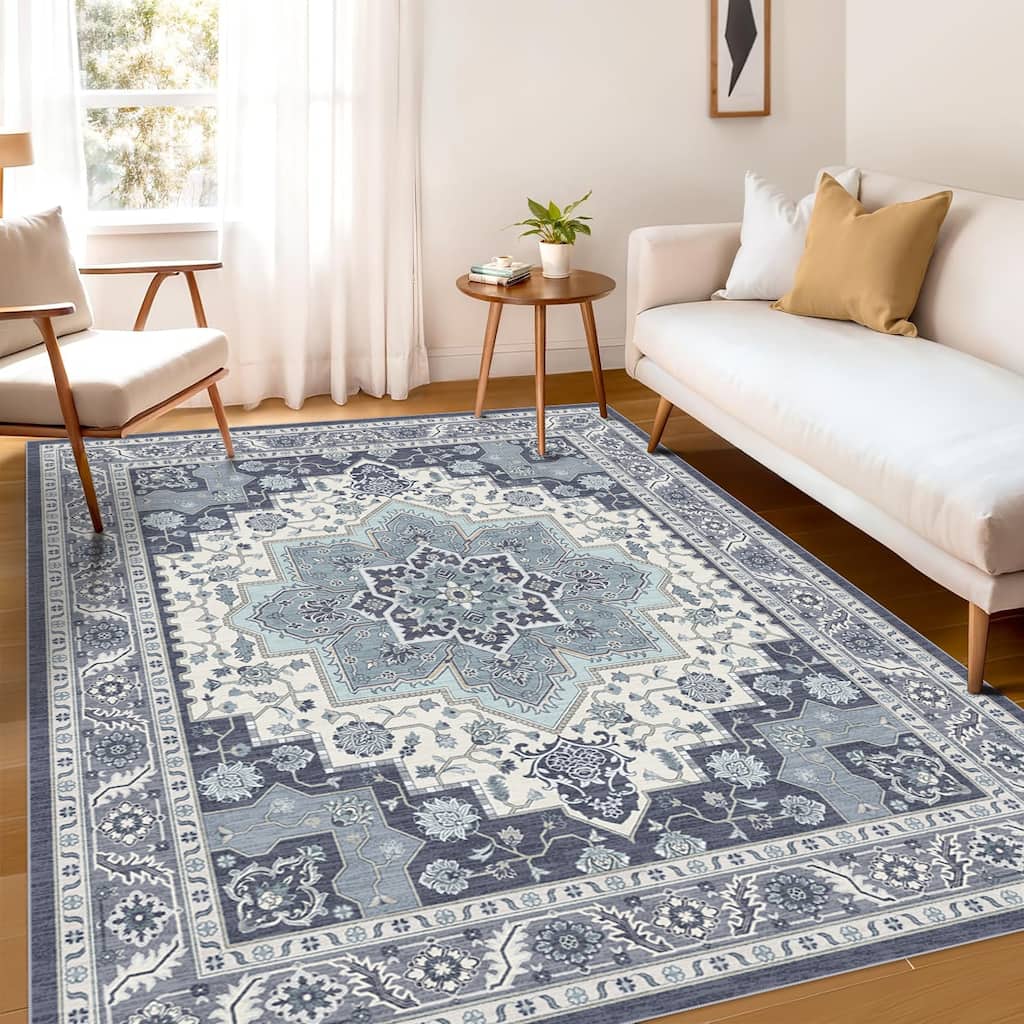 Machine Washable Vintage Area Rug, Low Pile Rug Non-slip