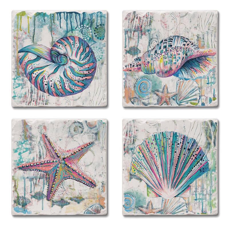 Absorbent Stone Beverage Coasters - Set of 4 - Jewels of the Sea - Multi-157