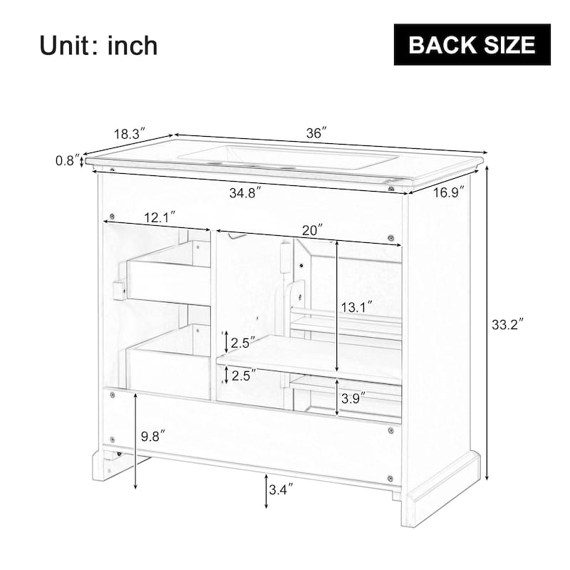 36 Inch Freestanding Bathroom Vanity with Ceramic Sink, Tip-Out & Storage Drawers, Soft Close Door Hinges