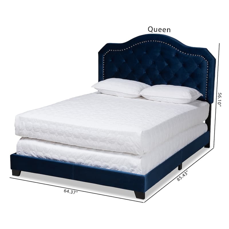 Queen Size Bed - Velvet Upholstered Button Tufted Bed Frame with Nailhead Trim & Feet