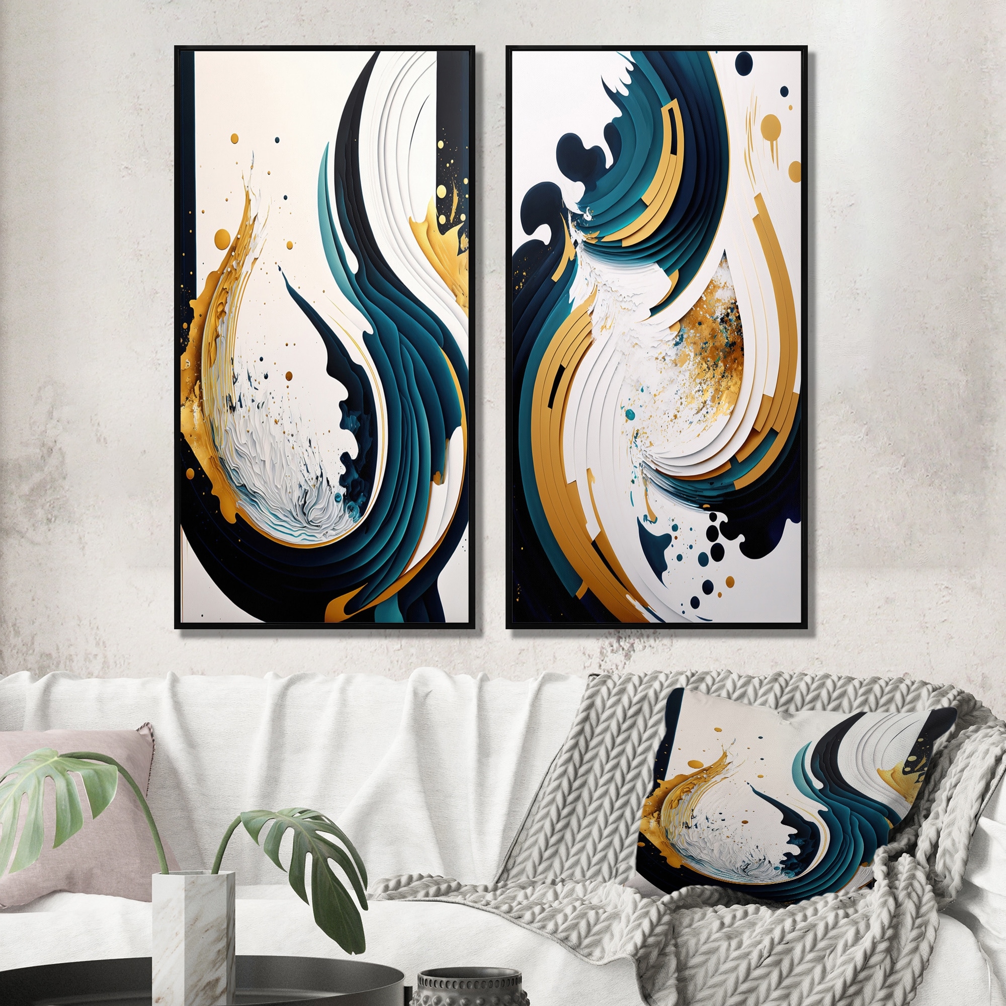 Designart "Blue And Gold Modern Art Abstract Painting VI" Abstract Framed Gallery Set Of 2 For Office Decor