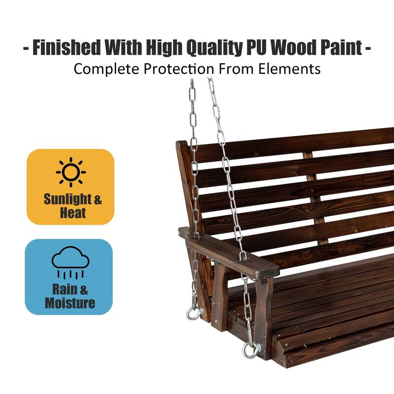Wooden Porch Swing with Hanging Chains and 7mm Springs for Outdoor Patio Garden Yard