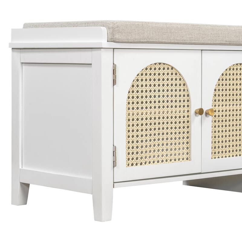 Wood Frame Bench with Shoe Storage, Shoe Bench with Rattan Arched Door and 2 Drawers Entryway Fabric Upholstered Bench