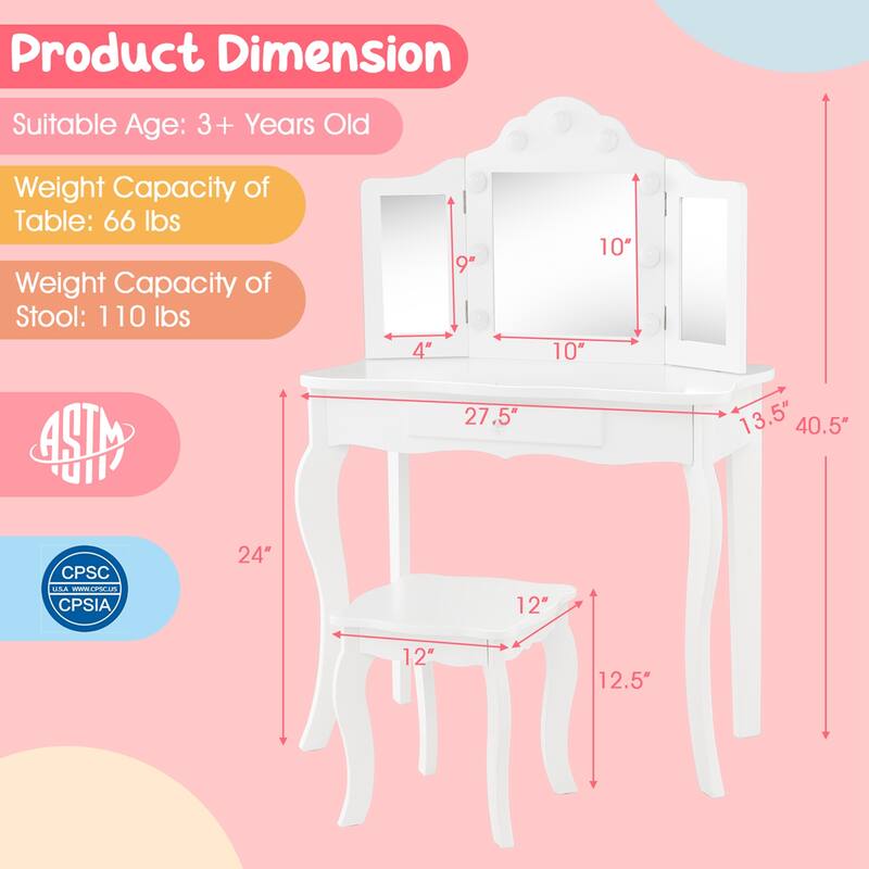 Kid Vanity Table Set Tri-Folding Mirror Adjustable 3-Color LED Light