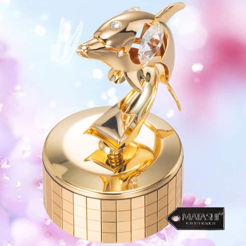 Matashi Decorative Tabletop Showpiece 24K Gold Plated Music Box plays -" You Are my Sunshine" w Dolphin Figurine