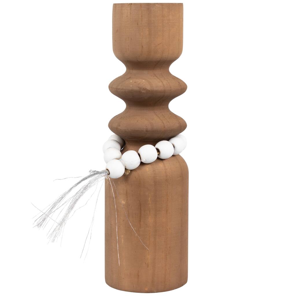 Wooden Tealight Candle Holder with Beaded Tassel - 9.75" - Brown