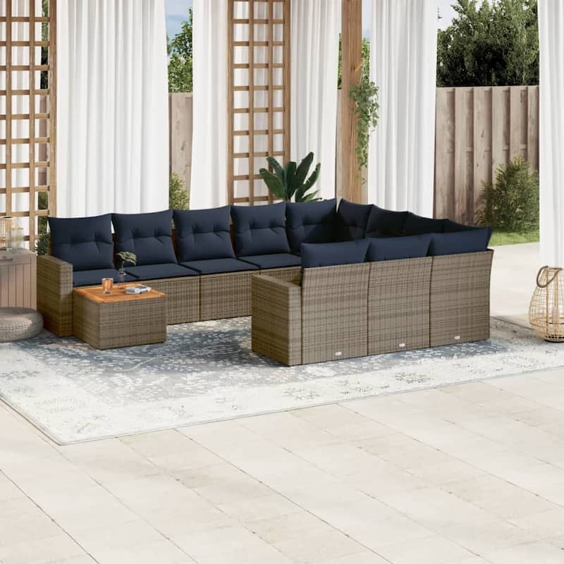 vidaXL 11 Piece Patio Sofa Set with Cushions Grey Poly Rattan - 24.4" x 24.4" x 27.2" - Grey - form3