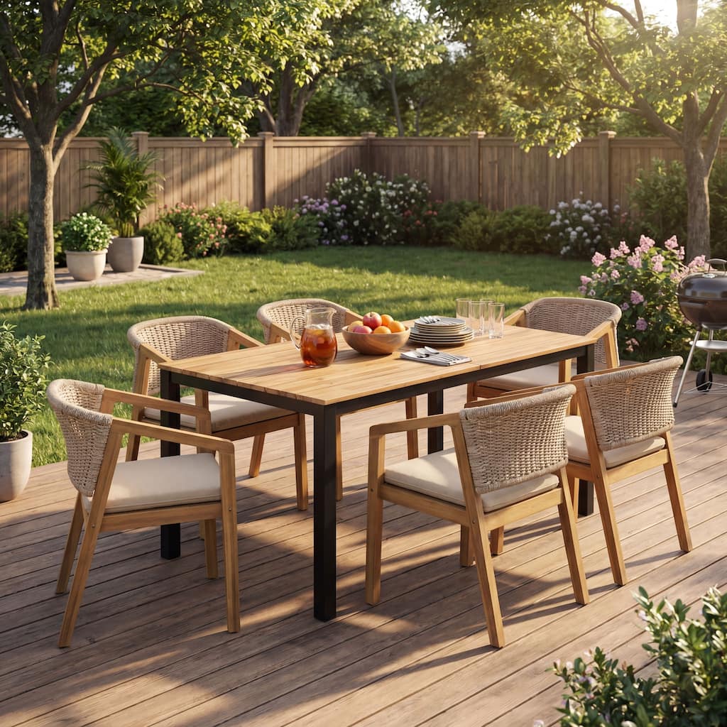 Christopher Knight Home - Monterey 7-Piece Outdoor Dining Set in Acacia Wood with Rope Woven Chairs and Beige Cushions