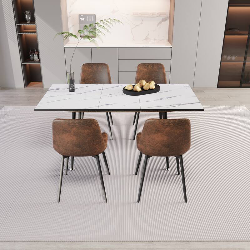 Scalable modern dining table and chair set, for 2-6 people, 4-piece set, medieval dining table set, metal base and linen chair