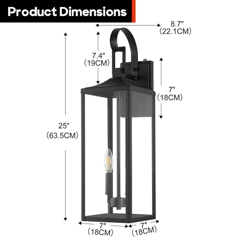Castle 2-Light 25 in. Matte Black Outdoor Wall Lantern Sconce with Dusk to Dawn Sensor