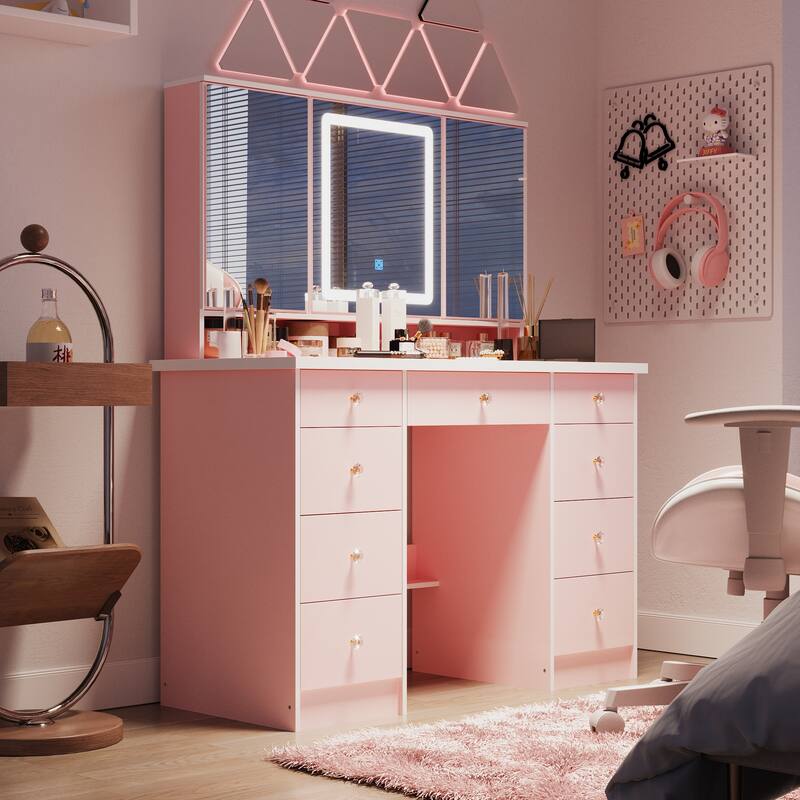 9-Drawer Vanity Set with Crystal Pulls and Versatile Mirror Lighting