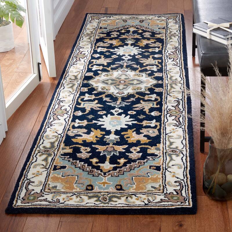 SAFAVIEH Handmade Heritage Asia Traditional Oriental Wool Rug - 2'3" x 12' Runner - Navy/Ivory