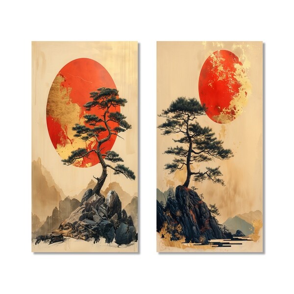 Designart - Gold Orange Japan Bonsai Sunset I - Japan Wall Art Set