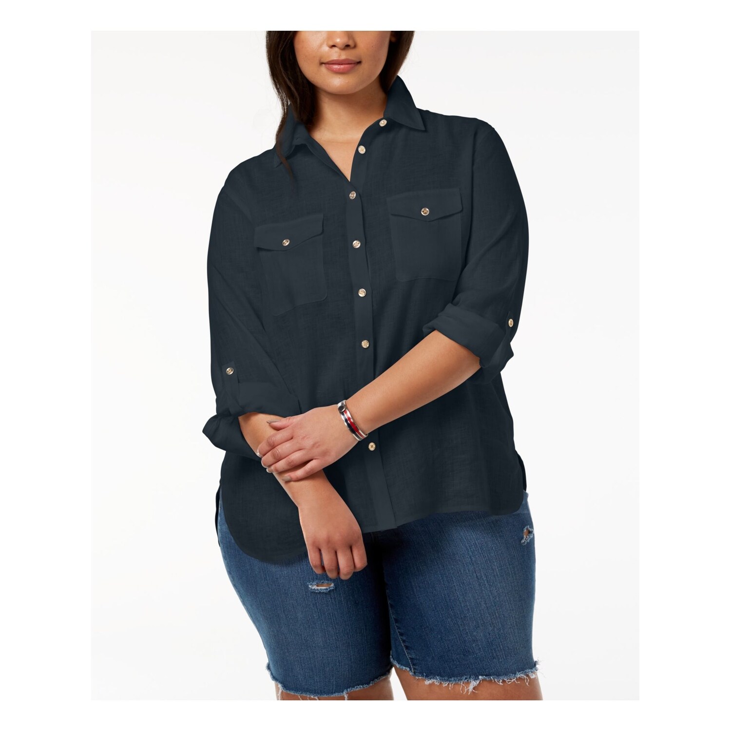 Shop Tommy Hilfiger Womens Navy With Buttons Button Up Top Plus Size 3x Overstock 31075185