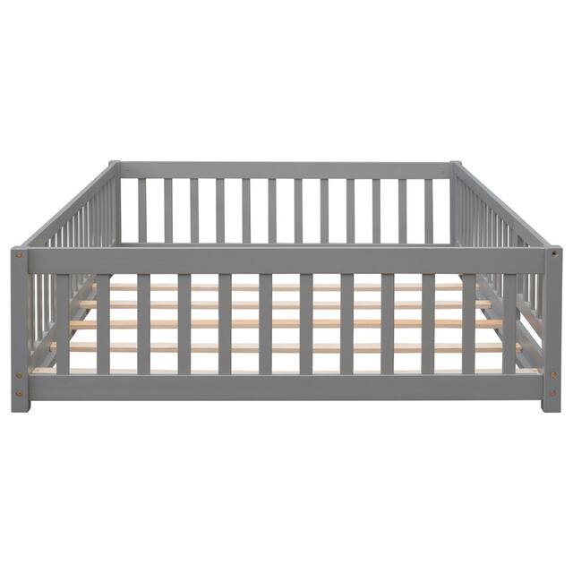 Twin/Full/Queen size Floor Platform Bed with Fence and Door for Kids, Toddlers