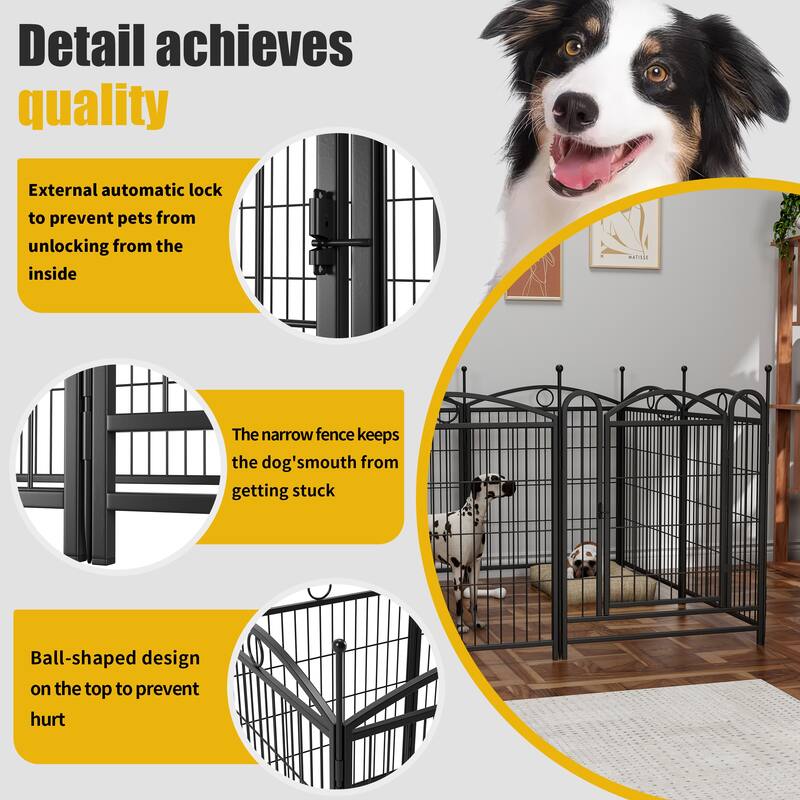 Black Iron Dog Fence Outdoor Pen Modular Rust-Resistant Design - 52” L x 52” W x 32” H