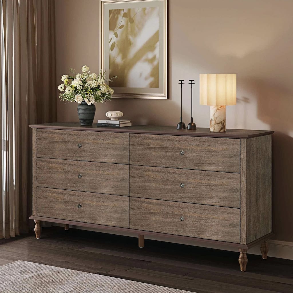 Rustic Solid Wood 6-Drawer Storage Dresser with Self-Closing Slides and Roman Column Legs by GDFStudio
