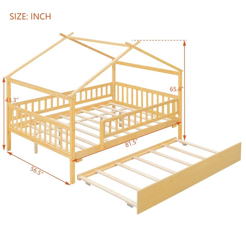 Roomfitters Full Size Wooden House Bed with Twin Trundle and Roof Frame Pine