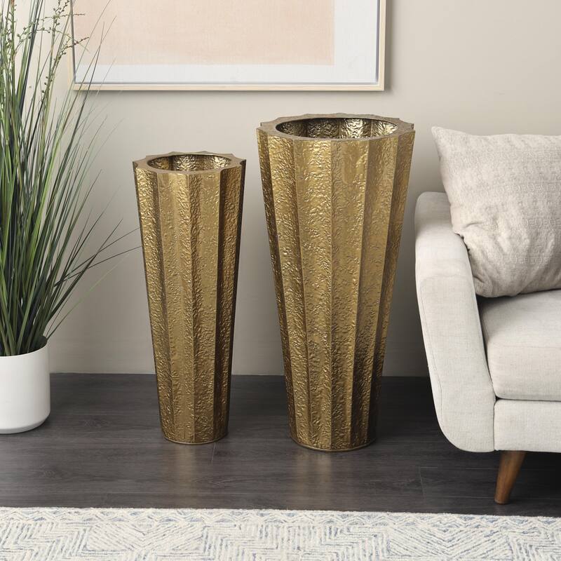 Metal Tall Textured Hammered Floor Decorative Vase - Set of 2 Gold - Roche River Decor