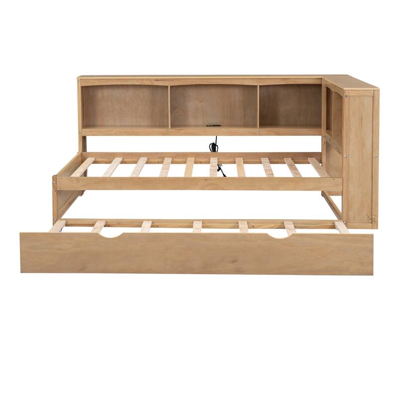 Twin Size Daybed with Trundle & LShaped Bookcases, Wood Platform Bed