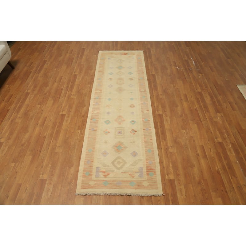 Hand Woven Oriental 100% Wool Carpet Southwestern Tribal Beige & Ivories Kilim Runner Rug - 9' 10'' X 2' 10''