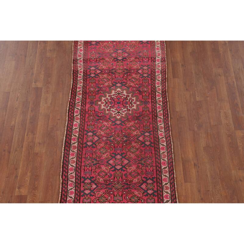 Fuchsia Hamedan Persian Vintage Runner Rug Handmade Wool Carpet - 2'7"x 9'10"