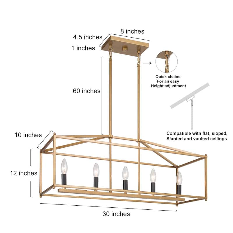 Dilley Modern Gold 5-Light Chandelier Rectangle Kitchen Island Light - L30"xW10.2"xH12"