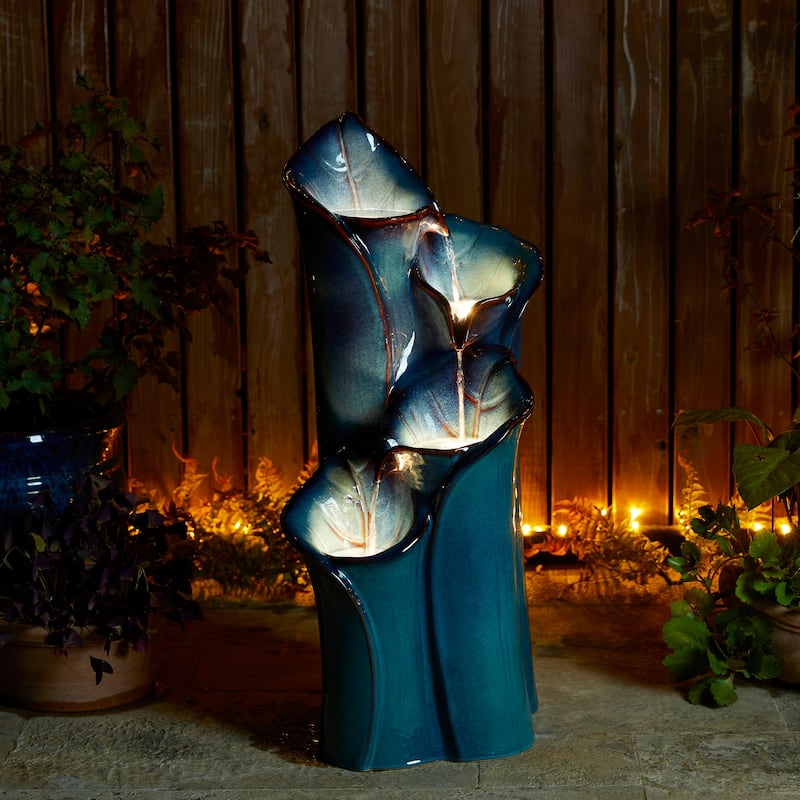 Glitzhome 31"H 4-Tiered Lotus Leaf Textured Ceramic Vase Outdoor Floor Fountain with LED