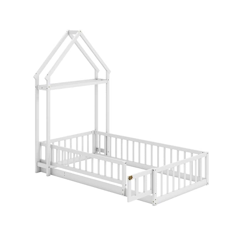 Montessori Twin Size Floor Bed Frame with Guardrails and House Shaped Headboard for Kids Bedroom