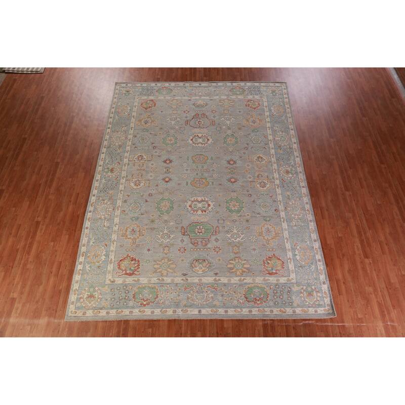 Hand Knotted Oriental 100% Wool Carpet Transitional All-Over Greys & Charcoal Oushak Area Rug - 13' 4'' X 9' 11''