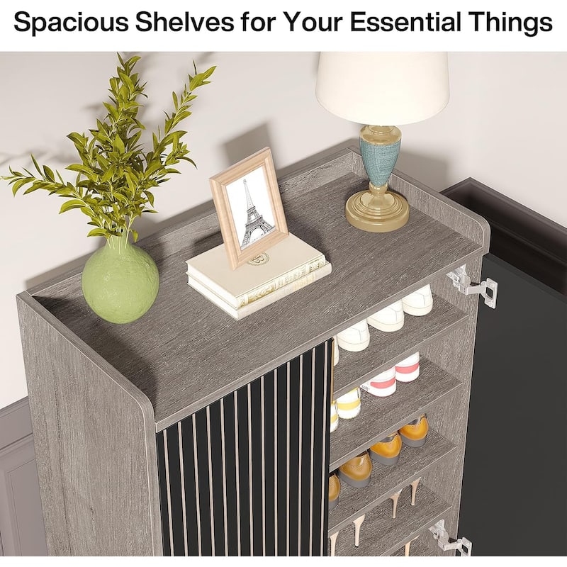 29" Grey & Black Shoe Cabinet with Doors, 5 Tiers