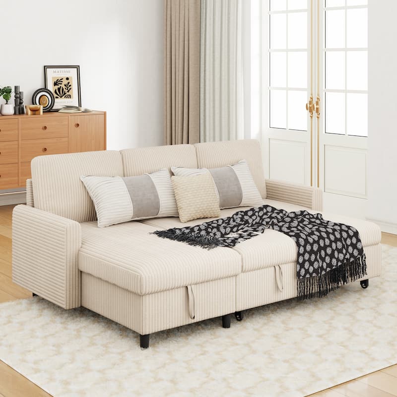 Futzca Convertible Corduroy Sofa Bed with Storage, L-Shaped Sectional Couch