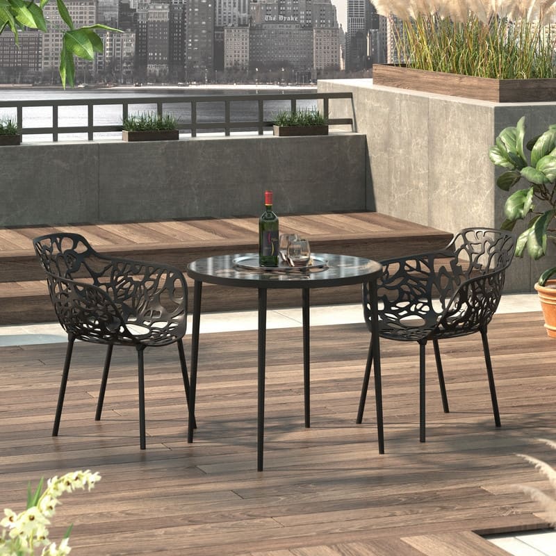 Devon Modern Floral Cutout Dining Chair with Integrated Armrest Stackable Aluminum Frame UV-Resistant Patio Chair Set of 2