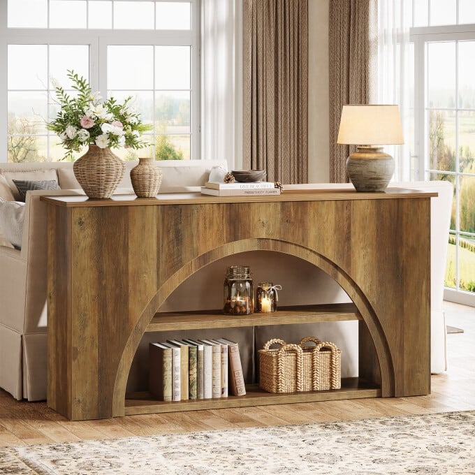 Rustic Arched Console Table, 61-Inch Wooden Sofa Table With Shelf