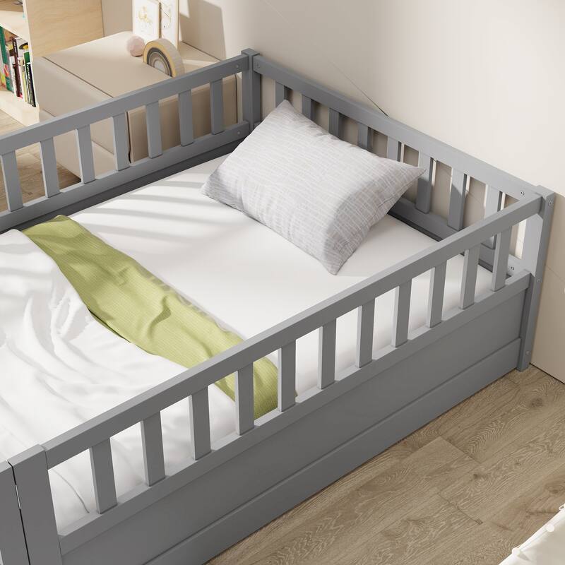 Children's Twin Floor Bed with Safety Guardrails & Door, Montessori Wooden Bed Frame for Bedroom Play Area