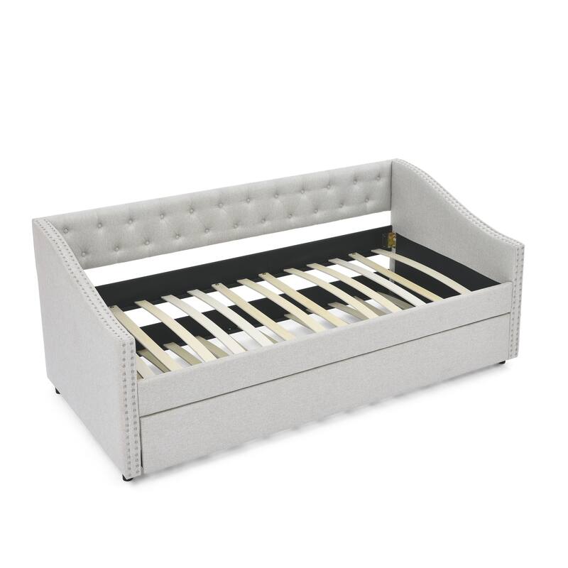Roomfitters Twin/Full Upholstered Daybed with Twin Trundle, Tufted Backrest and Nailhead Trim, Elegant Waved Arms
