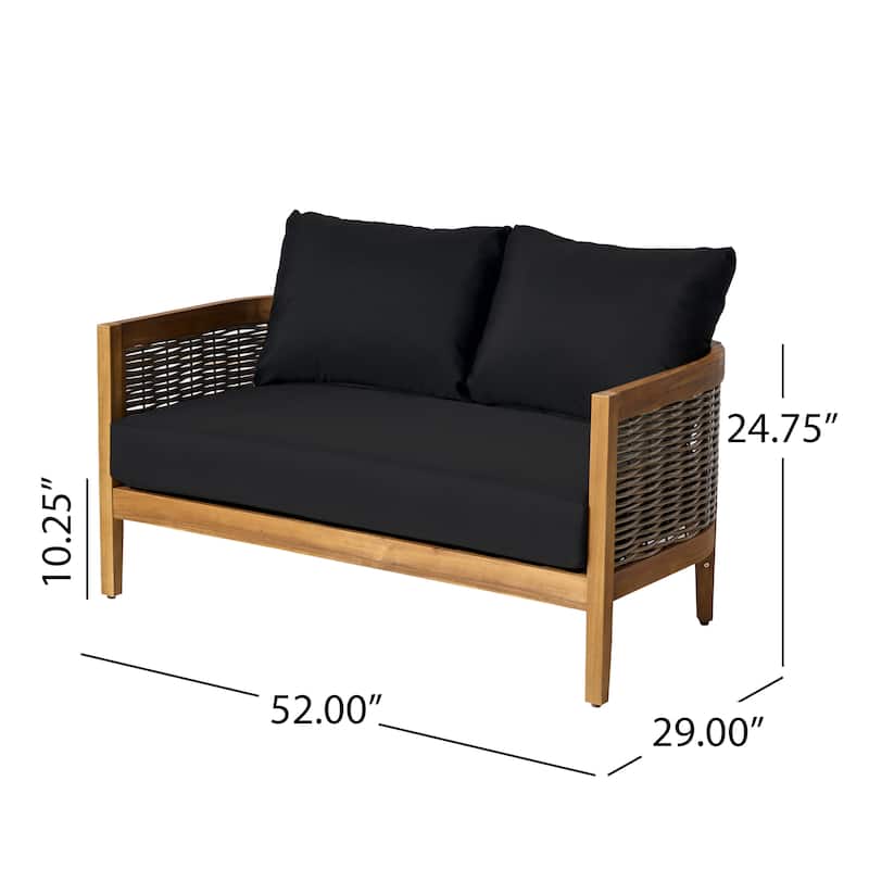 Burchett Outdoor Acacia Wood and Wicker 4 Seater Chat Set with Cushions by Christopher Knight Home